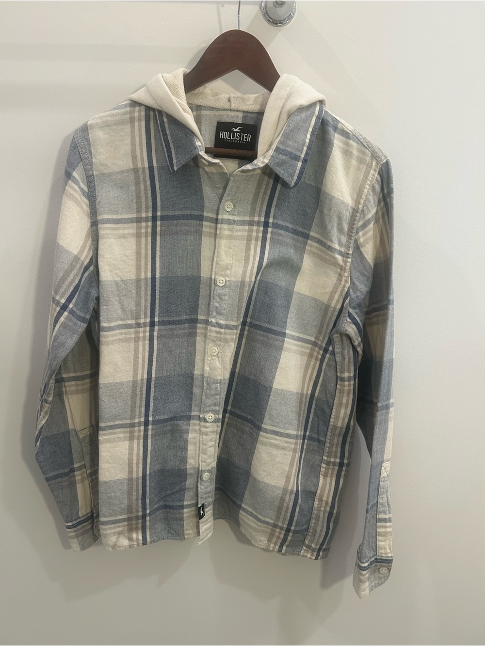 Hollister Blue and Cream Plaid Hooded Shirt Jacket
